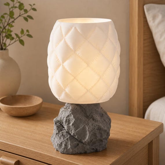 CloudCrag quilted night light with White shade, Gray rock pedestal, and cordless Battery Tea Light