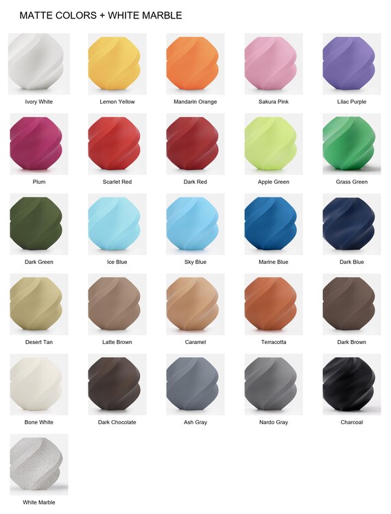 Matte color guide with twenty-five labeled colors and White Marble, shown as material samples on a white background.