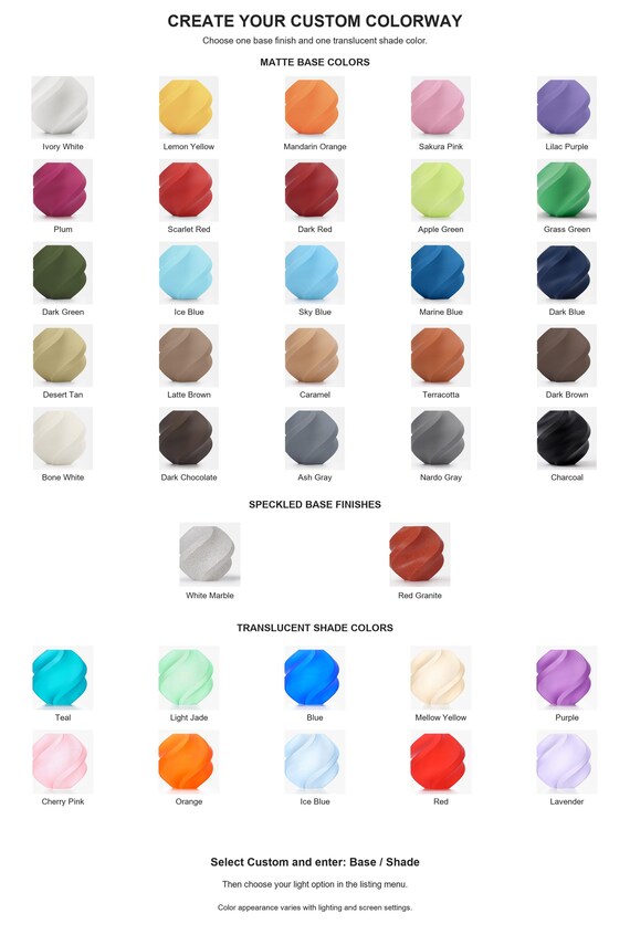 Custom Seravelle color guide with 25 matte and two speckled base finishes plus 10 translucent shade colors, labeled for Base and Shade selection.