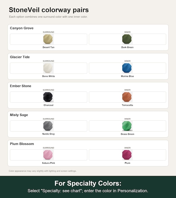 Named colorway swatch showing each option. For Specialty Colors: Select "Specialty: see chart"; enter the color in Personalization.