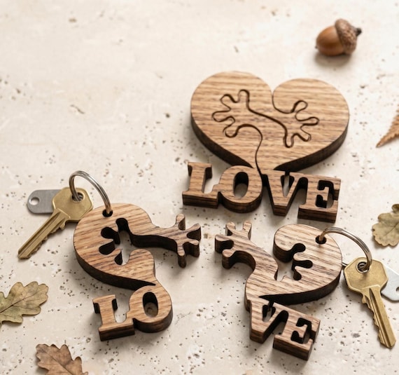 Interlocking Heart Puzzle Love Sign, Birch Wood Wall Art, Couples Keychain Gift, Rustic Anniversary Decor, 3 6 9 Inch