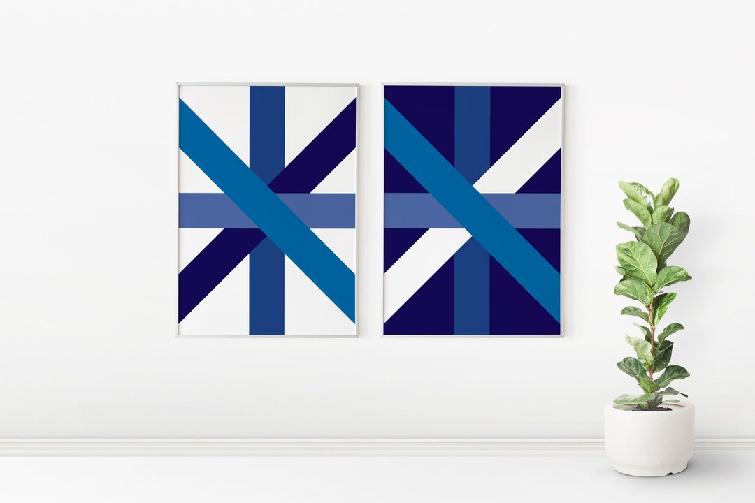 Modern Art Set of 2, Shades of Blue, Color Block, Line Art, Abstract Wall Art, Blue, Dark Blue
