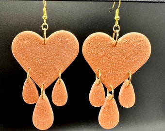 Sparkling Rose Gold Hearts with Teardrop Dangles Earrings