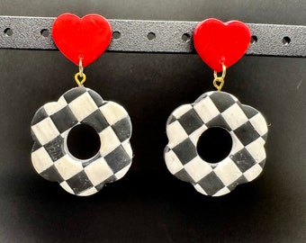 Checkerboard Flowers with Red Heart Earrings