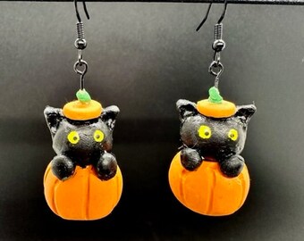 Black Cat Pumpkin Earrings