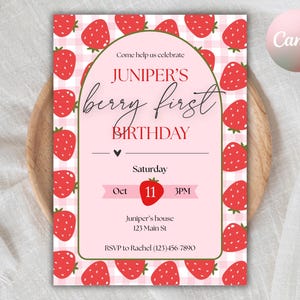 Beere Erste Geburtstagseinladung | Girl&#39;s Berry 1st Birthday Party Einladung Canva Template | Erdbeeren Einladung Digitale Datei