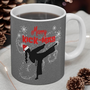 Karate Kicking Mug, Female Martial Artist Christmas Gift Cup, Merry Kick-mas Ceramic Coffee Mug, Karate Lover Stocking Stuffer