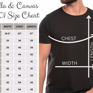 Puede incluir: Una tabla de tallas para camisetas Bella + Canvas 3001, que muestra las medidas de ancho, pecho y largo en pulgadas para las tallas XS a 5XL.