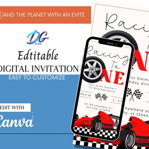 racing to one party editable invitation, half birthday invitation, race car birthday digital invitation