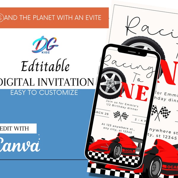 racing to one party editable invitation, half birthday invitation, race car birthday digital invitation