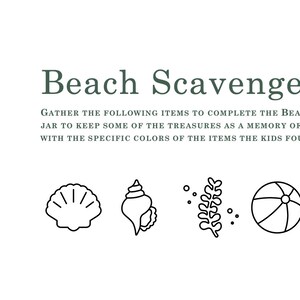 Puede incluir: Ilustración en blanco y negro de línea de arte de una búsqueda del tesoro en la playa con una concha, una concha, algas marinas, una pelota de playa y un castillo de arena.