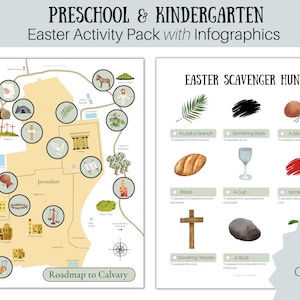 Pode incluir: Um pacote de atividades de Páscoa imprimível para crianças do jardim de infância e pré-escola. O pacote inclui um mapa de Jerusalém com paradas ao longo do caminho para o Calvário e uma caça ao tesouro com imagens de objetos relacionados à história da Páscoa.