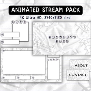 Könnte beinhalten: Animiertes Stream-Paket für Twitch oder YouTube mit weißem Hintergrund und schwarzem Text. Das Paket enthält einen Startbildschirm, ein Chat-Feld und einen Bildschirm mit Abschnitten für Über uns und Kontakt. Der Text "4K Ultra HD, 3840x2160 size!" befindet sich oben im Bild.