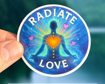 May include: A round sticker with a blue and yellow illustration of a person meditating, with the words "RADIATE LOVE". The sticker also has the text "HELPS SAVE WILDLIFE!" in white.