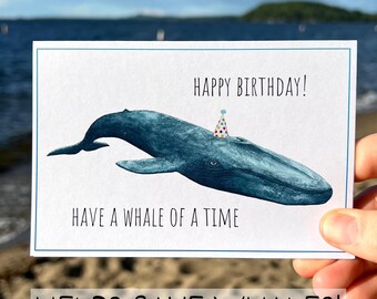 Funny whale birthday card, ocean lover birthday card, animal pun card, eco watercolor whale card, marine life gift, funny ocean card