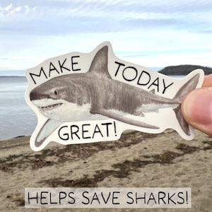 Maak vandaag een geweldige sticker, aquarel sticker grote witte haai, cadeau witte haai minnaar, Save the Sharks, sticker natuurbehoud