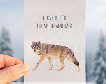 Divertida tarjeta de amor con lobo gris, tarjeta romántica de San Valentín o aniversario con lobo para él o ella, tarjeta de felicitación ecológica de acuarela con lobo para tu pareja.