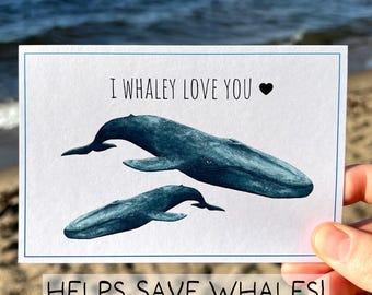 Funny Whale Love Card, I Love You Card for Ocean Lovers, Blue Whale Valentine, Cute Marine Animal Anniversary, Eco Watercolor whale Greeting