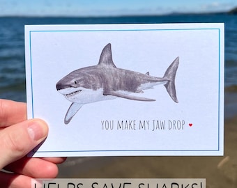 Great White Shark Love Card, You Make My Jaw Drop, Funny Ocean Lover Gift, Watercolor Pun Card, Eco Friendly Marine Life Card for Him Her