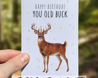 Tarjeta de cumpleaños divertida con ciervo de cola blanca, tarjeta con juego de palabras de animales en acuarela, linda tarjeta de felicitación con ciervo, tarjeta para amantes de los ciervos, tarjeta de animales amigables para él y para ella.