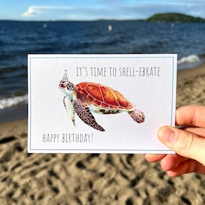 Carte de jeu de mots tortue de mer, carte d'anniversaire tortue de mer, carte aquarelle tortue de mer, carte recyclée, carte de conservation de la faune, sauver les tortues de mer