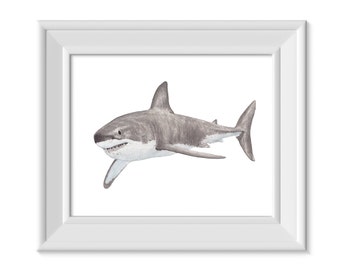 Descarga digital de tiburón blanco, arte de acuarela de tiburón blanco, salvar a los tiburones, impresión artística sobre conservación de la vida silvestre, regalo de tiburón blanco