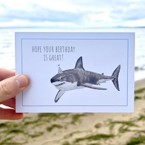 White Shark Birthday Card Shark Watercolor Card Endangered Species Card Shark Lover Card Funny Card Pun Birthday Card Eco Recycled Card