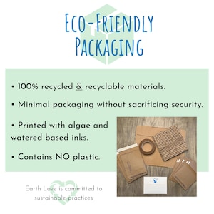May include: Image promoting eco-friendly packaging. Text reads "ECO-FRIENDLY PACKAGING" and lists features: 100% recycled materials, minimal packaging, algae-based inks, and no plastic. Includes examples of packaging.