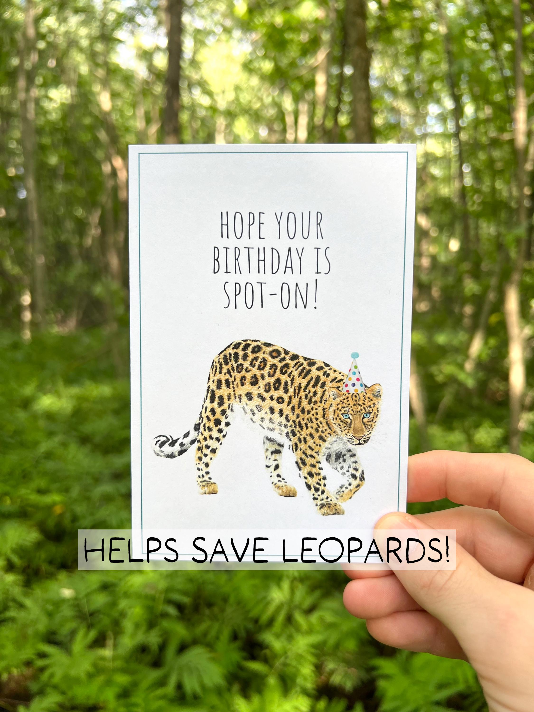 Leopard Birthday Card, Funny Watercolor Amur Leopard Pun Card, Big Cat Animal Greeting, Eco Wildlife Birthday Card for Kids, Adults Recycled