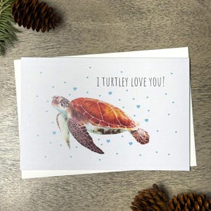 Jeu de mots tortue de mer, carte de voeux tortue de mer, carte aquarelle tortue de mer, carte d'anniversaire tortue de mer, carte de Saint-Valentin tortue de mer, recyclé