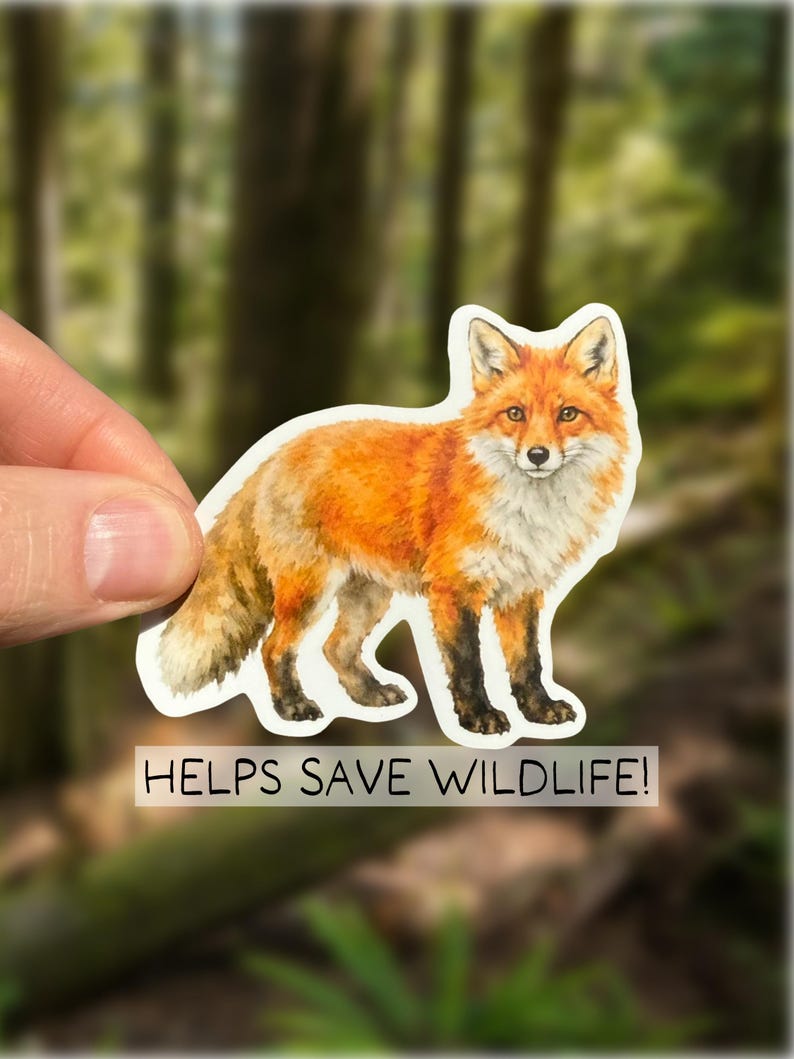 May include: A sticker featuring a watercolor illustration of a fox with orange and white fur, and black paws. The sticker has the text "HELPS SAVE WILDLIFE!" at the bottom, with a blurred forest background.