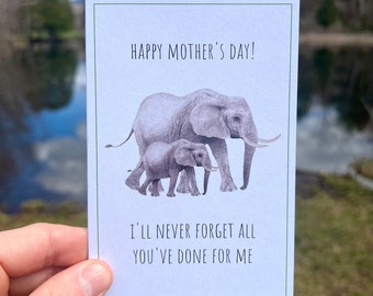 Elephant mother's day card, elephant lover greeting card, vegan mother's day card, recycled paper greeting card, recycled mother's day card