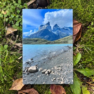 Carte photo Patagonie montagne, carte photo Patagonie lac, carte de voeux Patagonie, carte de voeux recyclée, carte de voeux montagne lac