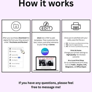 May include: An infographic titled "How it works" detailing the process: download from Etsy, edit in Canva, and print. Instructions include saving as PDF, PNG, or JPG, and printing at home or at a local print shop. Contact details are provided.