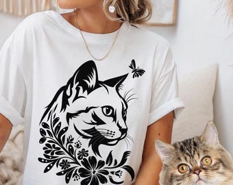 Floral Cat Shirt, Cat Lover T-shirt, Flower Cat Shirt, Cat Lover Gift, Gift for Her, Cat Mom Shirt Gift, Cute Cat Shirts, Animal lover gift
