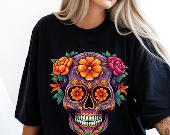 Sugar Skull shirt,Dia De Los Muertos Shirt, Sugar Skull T-Shirt, Flowered Skull Shirt,Halloween Group Shirt, Halloween Shirt, Halloween Tee