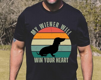 My Wiener Will Win Your Heart Retro Rainbow T-shirt, Dog Mom Dog Dad Gift, Dog Lover Gift, Birthday Gift for Dog Lover, Wiener Lover Gift