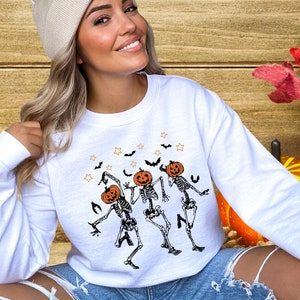 Skeleton Halloween Shirt, Pumpkin Halloween Sweatshirt, Pumpkin Shirt, Fall Sweatshirt, Dancing skeletons shirt, Funny Halloween shirt