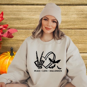 Peace Love Halloween Shirt, Skeleton Halloween shirt, Love Halloween shirt, Halloween gift, Skeleton hand shirt, Cute Halloween sweatshirt