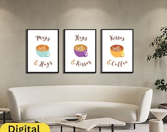 コーヒーのウォールアートプリント3枚セットのダウンロード、コーヒーのウォールアート、コーヒーのデジタルポスター、コーヒーの印刷可能なウォールアート、3枚セットのプリント、デジタル