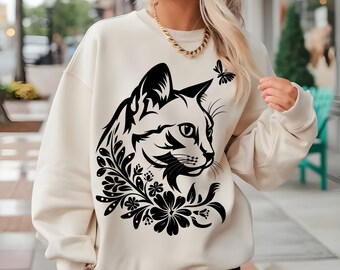 Cat Shirt Floral Cat, Cat Lover sweater, Flower Cat Shirt, Cat Lover Gift, Cat Mom Shirt Gift, Cute Cat Shirts, Animal lover gift for her