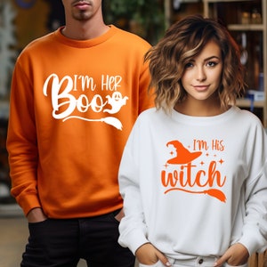 Couples Shirts, Halloween Couples Sweatshirts, Funny Couples Shirts for Men and Women, I&#39;m Her Boo, I&#39;m His Witch, His and Hers matching