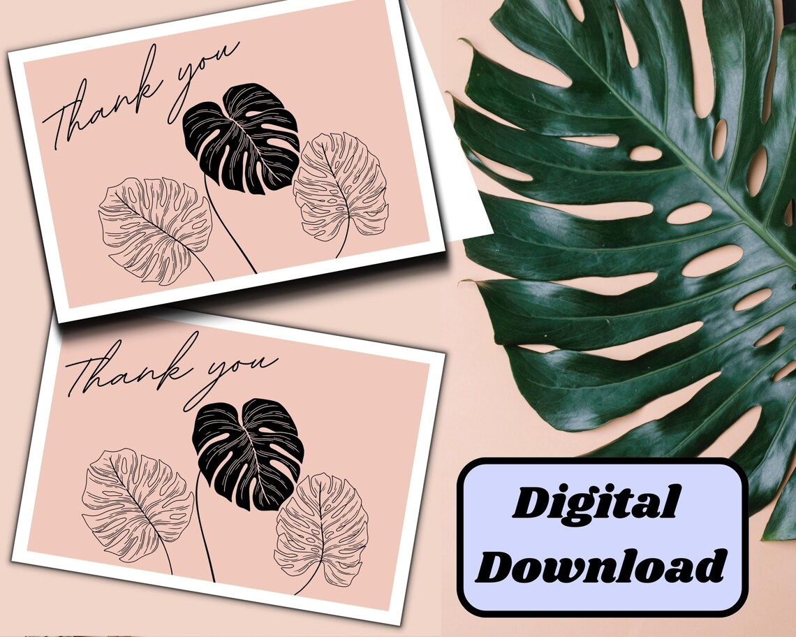 Tropical Leaf Printable Thank You Card Instant Download Pink Monstera ...