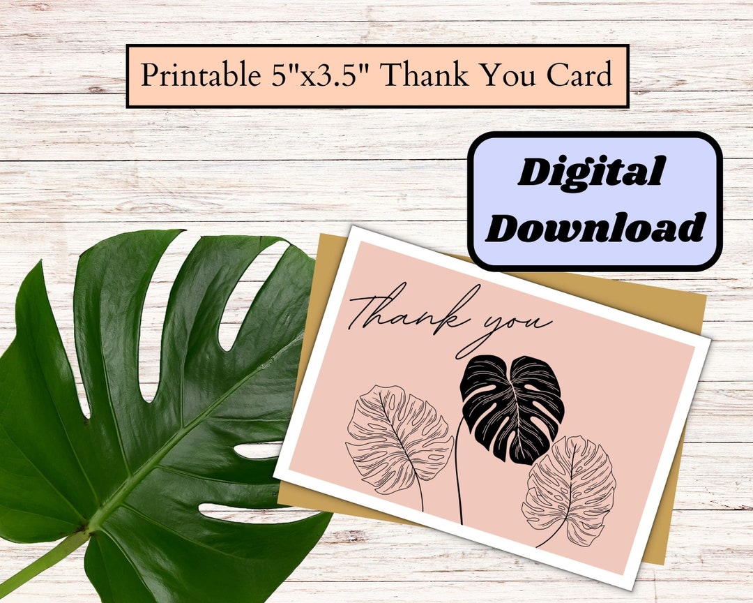 Tropical Leaf Printable Thank You Card Instant Download Pink Monstera ...