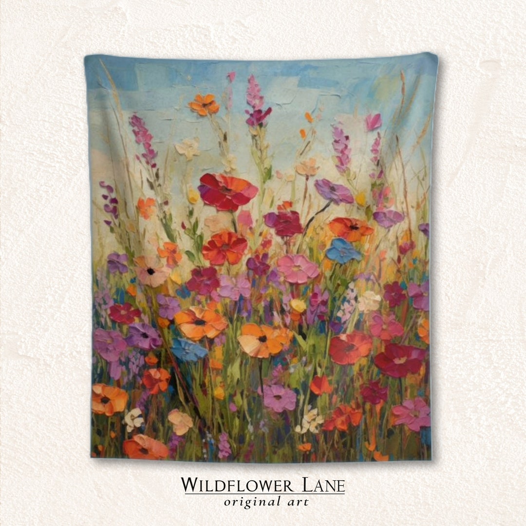Floral Wall Tapestry Wildflowers Cheerful Colors Boho Fabric Wall