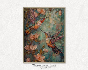 Printable Wall Art - Shimmering Hummingbirds - Delicate Pink Flower Blossoms, Art for Living Room, Bedroom, Instant Digital Download
