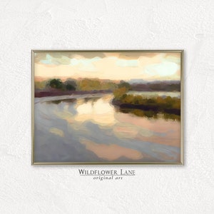 Printable Wall Art: River Sunset Moody Landscape Painting - Pink, Mauve, and Gold Reflections, Instant Digital Download