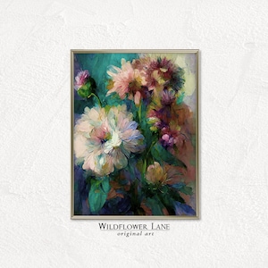Printable Wall Art - Colorful Vibrant Large Pink Flowers, Green Background, Abstract Floral Painting, Instant Digital Download
