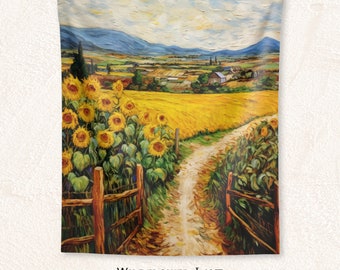 French Countryside Charm: Sunflower Country Road Tapestry Aesthetic, Wall Hanging Room Decor, Boho Home Decoration Gift