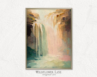Printable Wall Art - Sunset Waterfall in Golden, Peach, Teal Green - Large Wall Art for Living Room - Instant Digital Download
